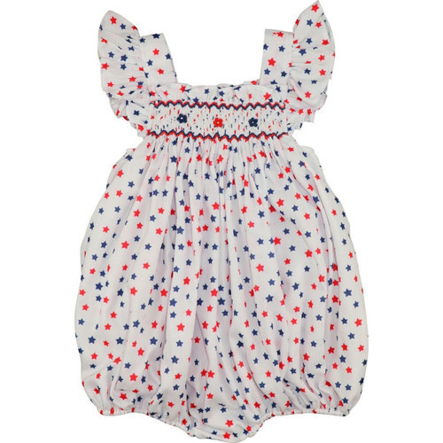 Red And Navy Smocked Star Print Bubble | Cecil and Lou