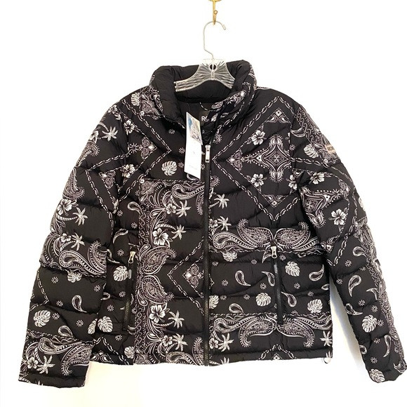Roxy Black White Paisley Puffer Jacket Women’s Large New With Tags Nylon Hooded | Poshmark