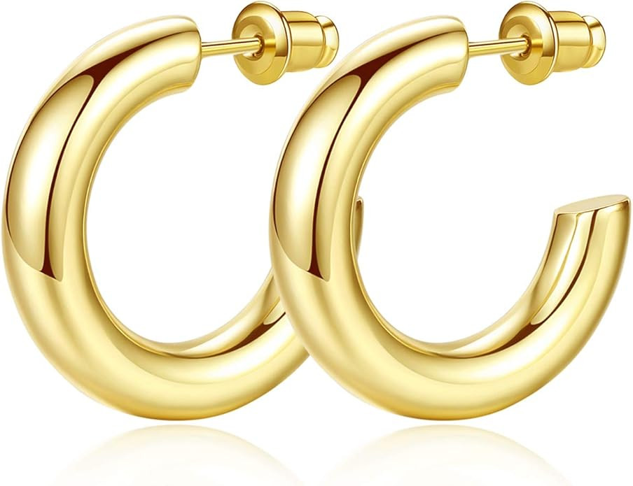 Howoo 14K Gold Plated Chunky Gold Hoops High Polished Gold Hoop Earrings for Women | Amazon (US)