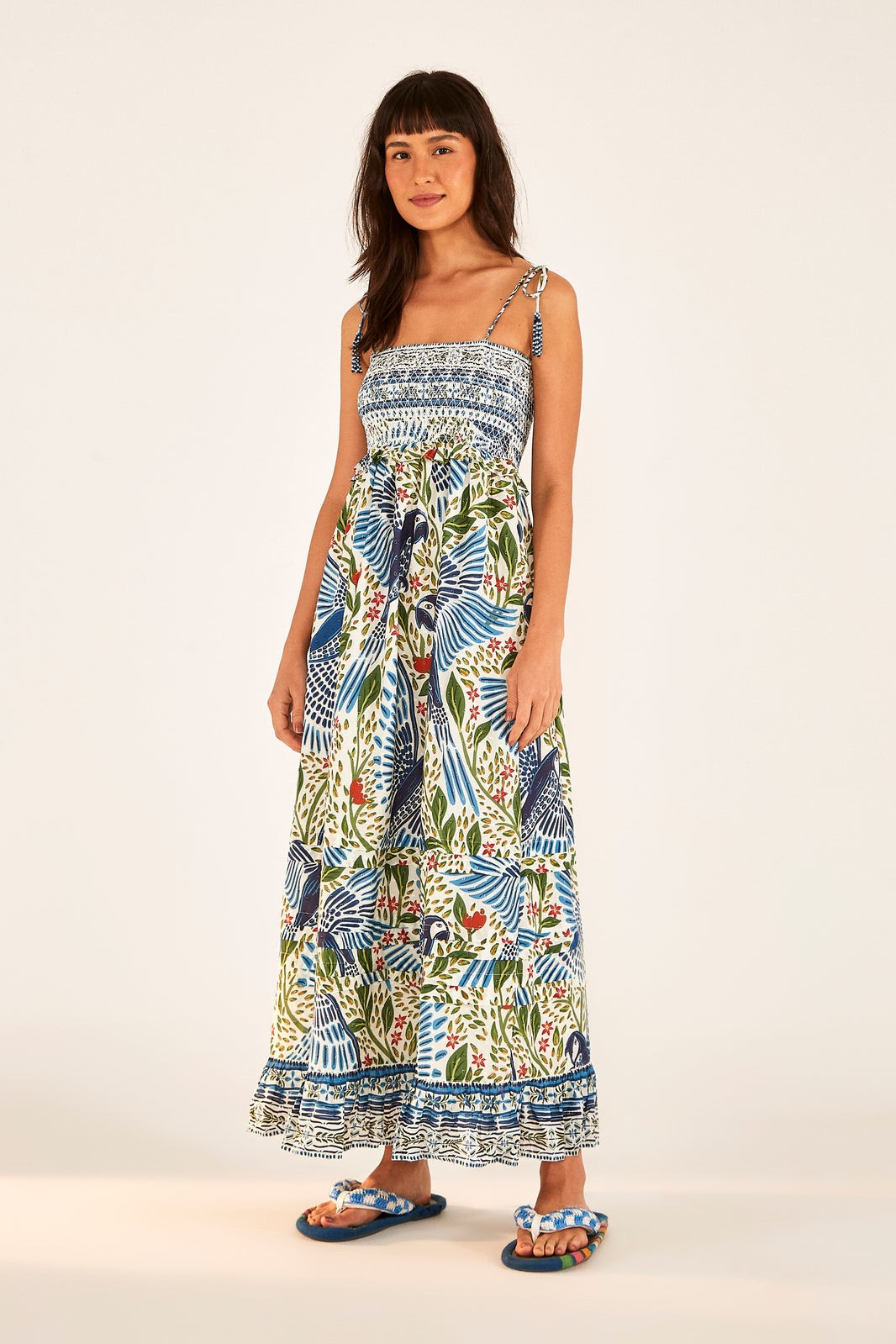 Off White Macaw Flight Smocked Maxi Dress | FarmRio (US)