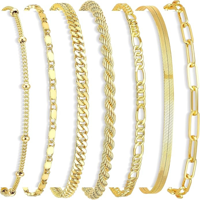 Gokeey 7PCS 14K Gold Plated Bracelets Sets for Women，Dainty Fashion Layered Cuban Link Chain He... | Amazon (US)