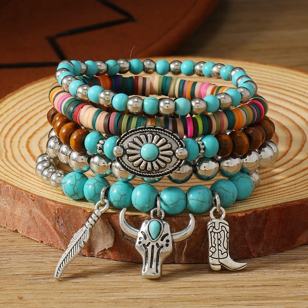 Amazon.com: 5Pcs Western Turquoise Bracelet for Women Men Cowgirl Western Bohemian Tribal Jewelry... | Amazon (US)