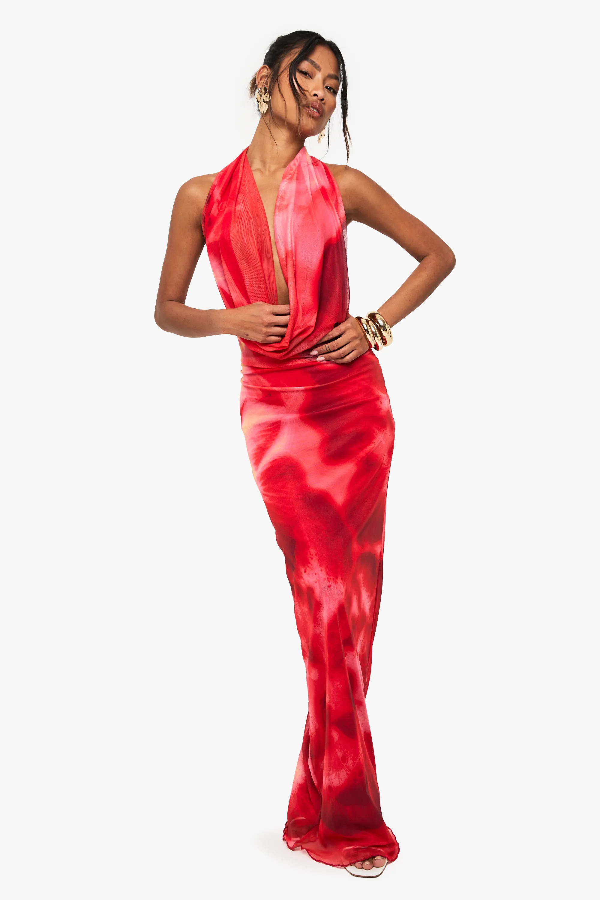 Red Floral Halterneck Mesh Maxi Dress | Boohoo | Boohoo.com (UK & IE)