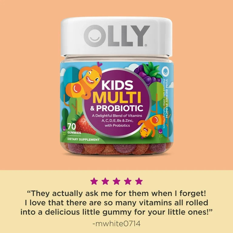 OLLY Kids Multivitamin + Probiotic Gummy, Daily Digestive Supplement, Zinc, Berry Flavor, 70 Ct -... | Walmart (US)