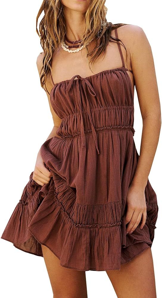 Womens Backless Summer Mini Dress Sexy Tie-Back Beach Dress Open Back Lined Tiered Silhouette Sun... | Amazon (US)