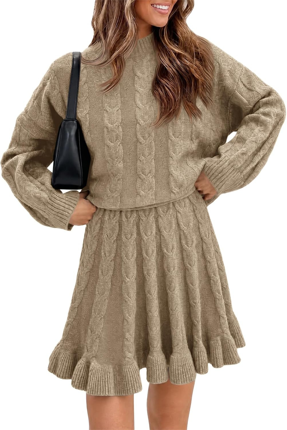 Tankaneo Womens 2 Piece Sweater Skirts Set Chunky Cable Knit Ruffle Skirt | Amazon (US)