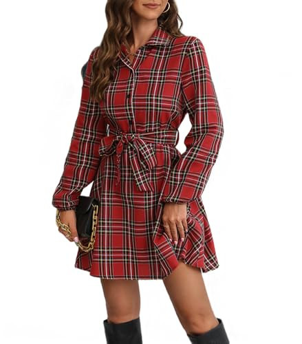Melliflo Red Plaid Mini Fall Dress for Women Lapel Collar Button Down Shirt Dress Tie Cutout Waist Lace Up Belted Dresses | Amazon (US)