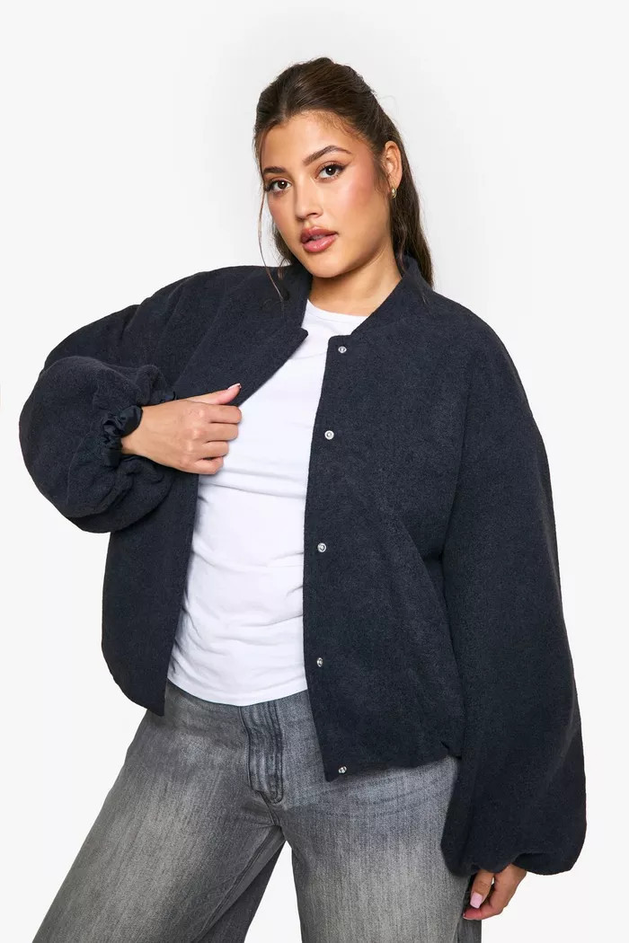 Plus Balloon Sleeve Wool Look Bomber Jacket | Boohoo.com (UK & IE)