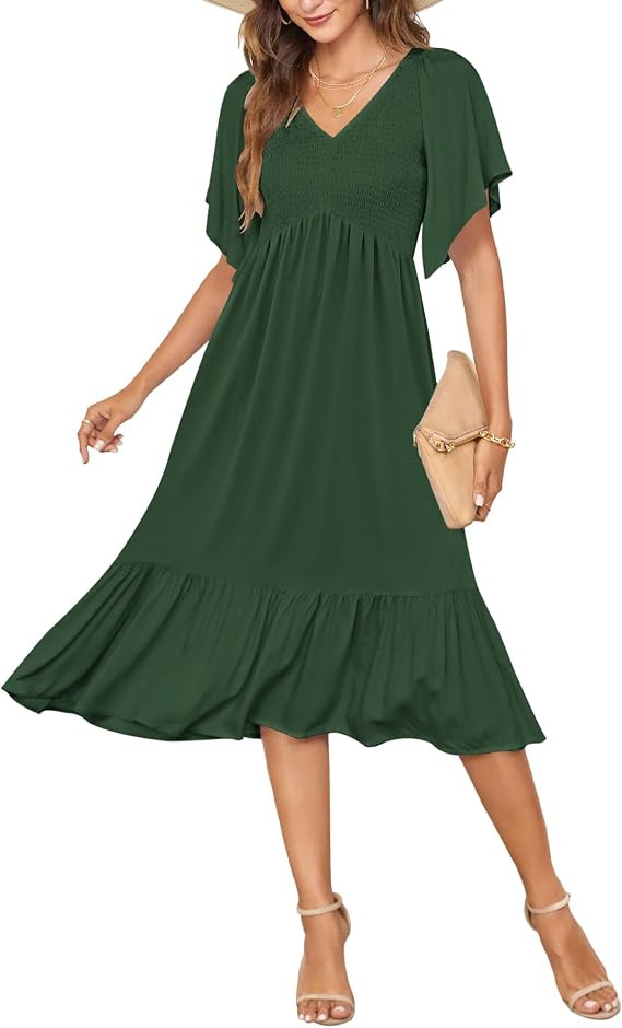 AUSELILY Women's Summer Empire Waist Dress Smocked Flutter Short Sleeve V Neck Midi Dresses 2026 ... | Amazon (US)