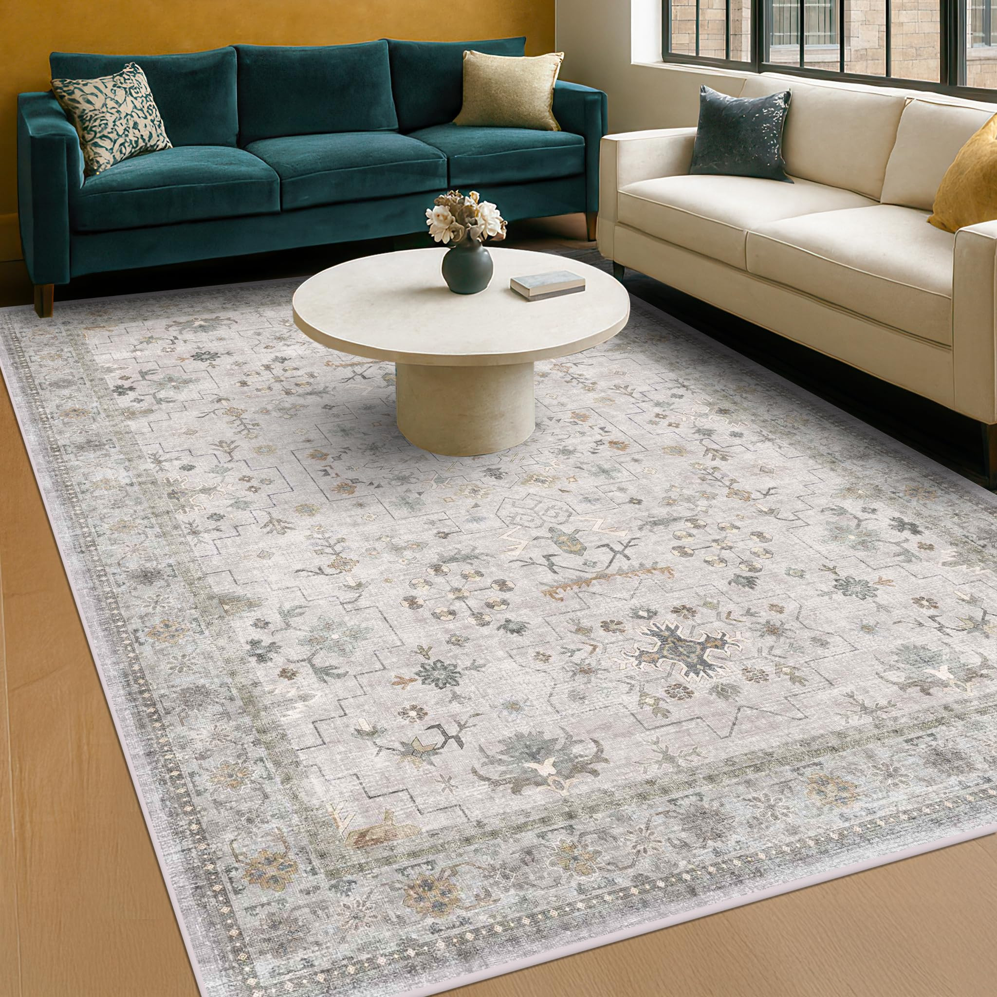 Boho Light Grey Living Room Rug 6x9 - Modern Vintage Eclectic Floral Paste Neutral Taupe, Washabl... | Amazon (US)
