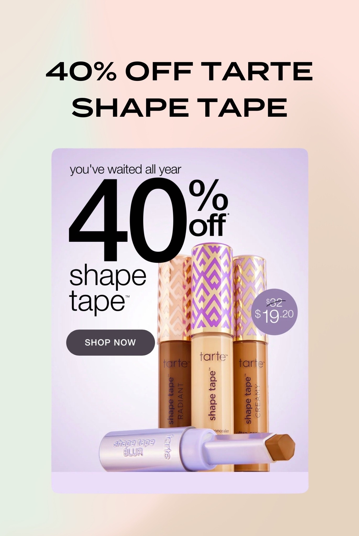 40% off Tarte shape tape!!! Login into Tarte account to save 💜

#LTKBeauty #LTKSaleAlert #LTKFindsUnder50