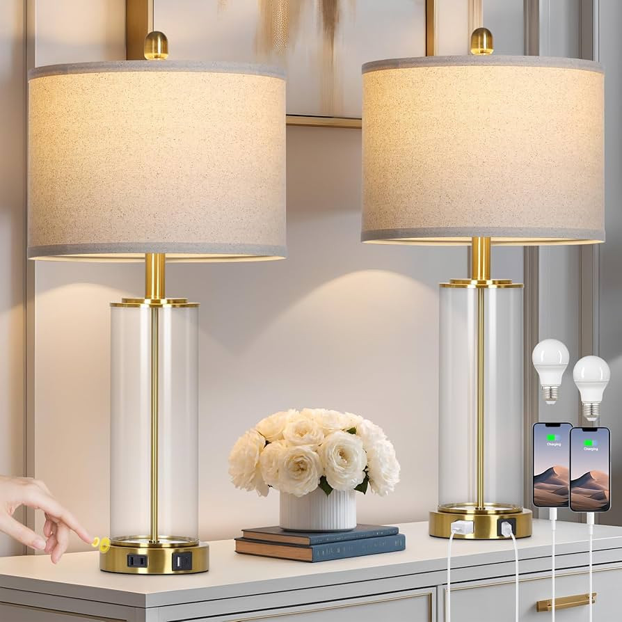26" Gold Glass Table Lamps Set of 2, 3-Way Dimmable Touch Control Living Room Lamp with USB C+A P... | Amazon (US)