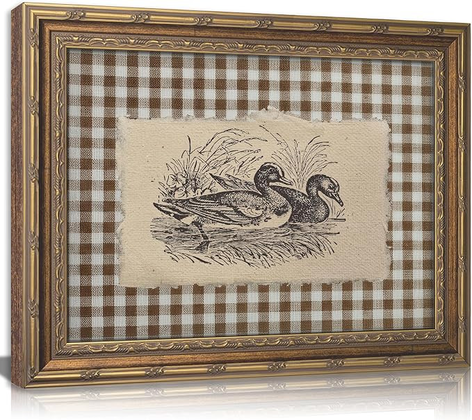 Vintage Gold Framed Wall Art, Brown Gingham Sketch Ducks Canvas Prints, Retro Rustic Farmhouse An... | Amazon (US)