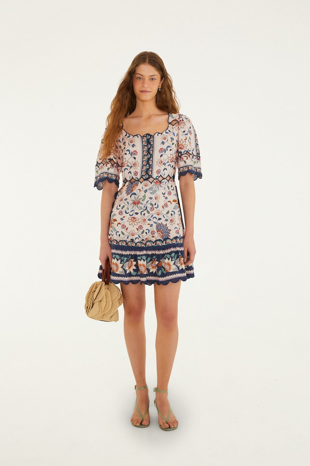 Pink Floral Delhi Tapestry Scallop Cut-Out Mini Dress | FARM Rio | FarmRio (US)