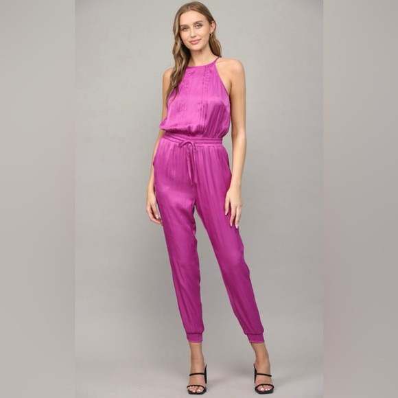 [fate] satin pintuck open back sleeveless high neck jogger jumpsuit fuchsia M | Poshmark