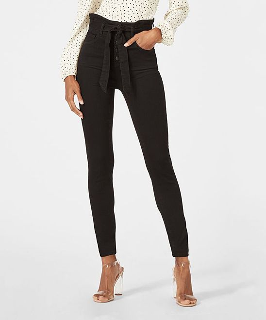 JustFab Women's Denim Pants and Jeans BLACK - Black Button-Front Paperbag Skinny Jeans - Women | Zulily