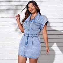 Plus Flap Pocket Button Front Denim Dress | SHEIN