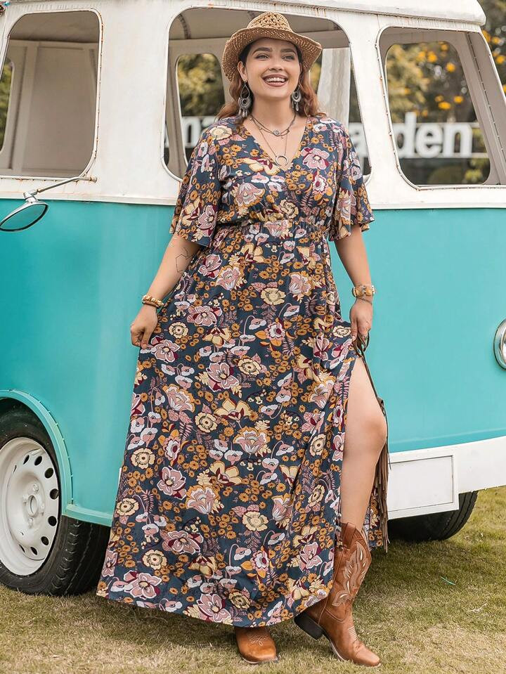 Rusttydustty Plus Floral Print Butterfly Sleeve Split Thigh Dress | SHEIN