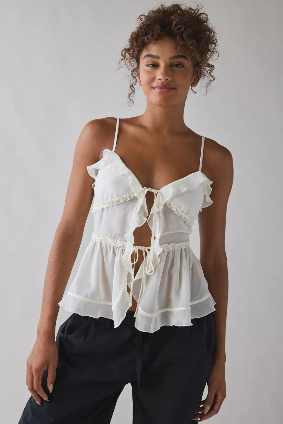 Kimchi Blue Beau Cascading Ruffle Tie-Front Flyaway Cami | Urban Outfitters (US and RoW)