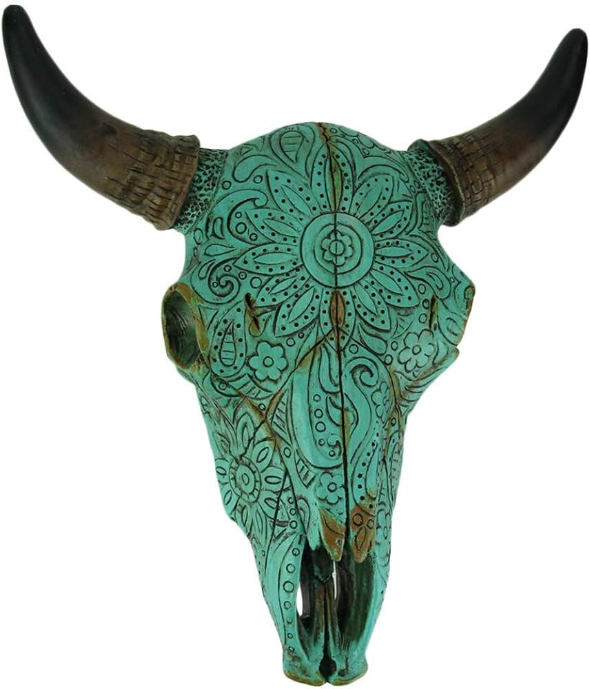 DE LEON,Resin Turquoise Floral Tribal Carved Bull Skull Hanging Statue | Amazon (US)