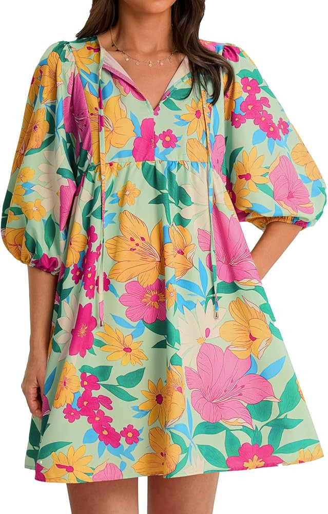 Yousify Womens Summer Dresses Floral Mini Babydoll Dress V Neck Puff Sleeve Loose Fit Boho Beach ... | Amazon (US)