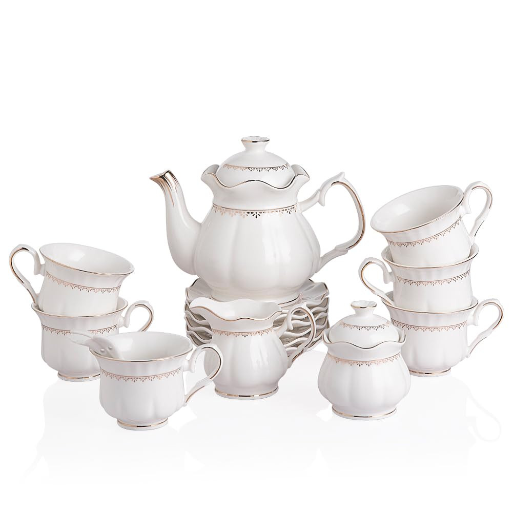 Sweejar 21 Pieces Porcelain Tea Set, Vintage Gold Trimmed Teapot Cup and Saucer Set, Tea Cup for ... | Amazon (US)