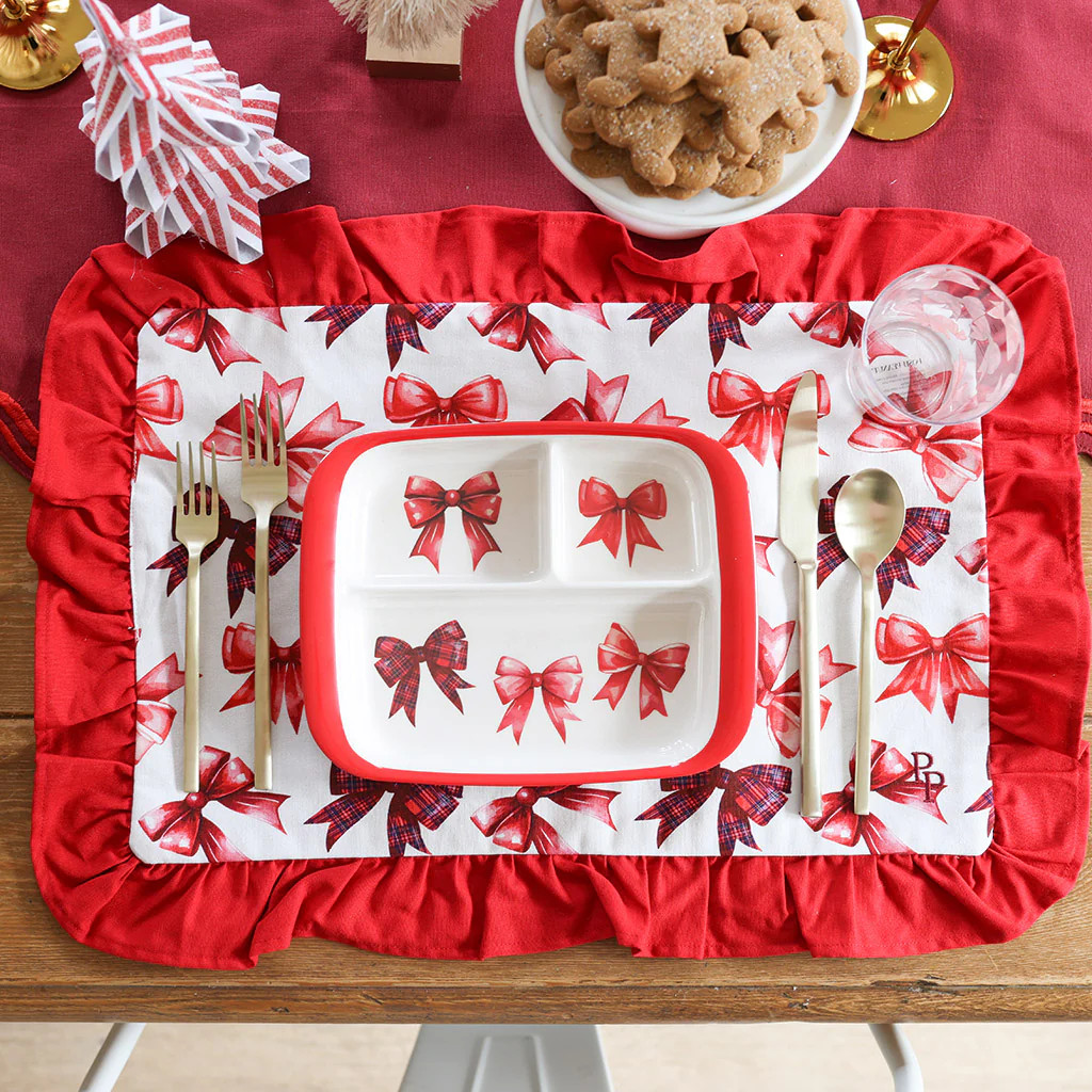 Ribbons Pink Holiday Avia Kids' Small Divided Plate | Posh Peanut® | Posh Peanut