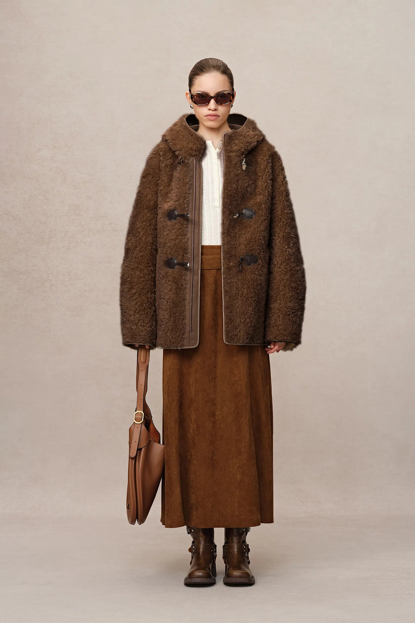 Clémence Shearling Hooded Coat in Vegan Leather and Wool Blend | Fabrique