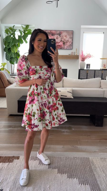 Floral dress for summer outfits! Perfect for baby or bridal showers. Wearing size XS tall for length. Lờ how this has pockets, is fully lined and nursing friendly. Would also be maternity friendly, too. Pairing with my favorite white leather sneakers  

#LTKStyleTip #LTKSaleAlert #LTKSeasonal