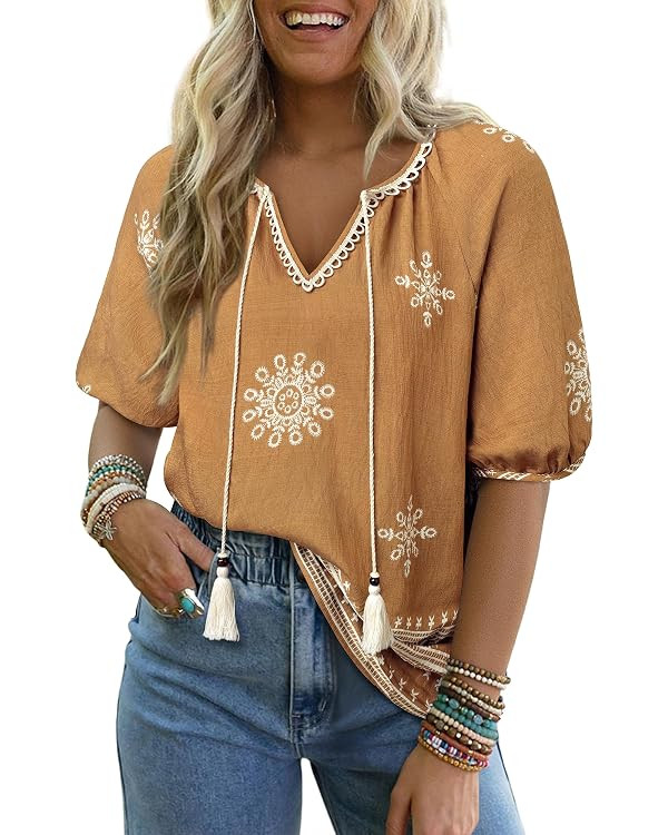 Vivilli Womens Summer Boho Tops Casual V Neck Short Sleeve Blouses Floral Print Shirt Tie Front F... | Amazon (US)
