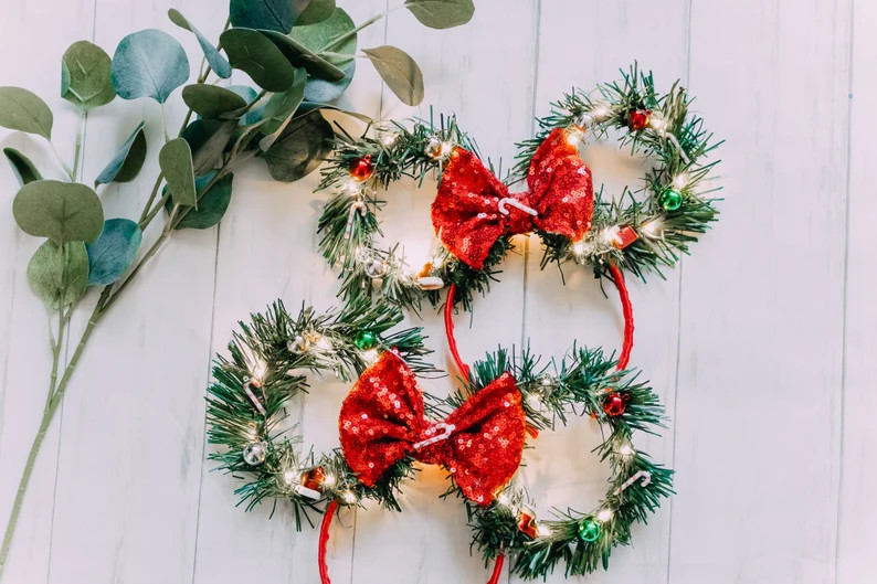 Christmas Tree Wreath Disney Inspired Mouse Ears With Ornaments and Candy Canes - Etsy | Etsy (US)