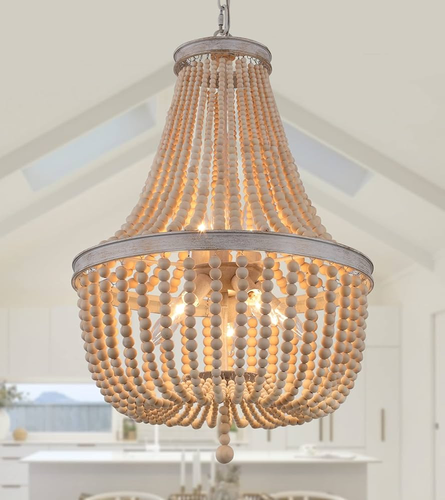 Q&S Farmhouse Wood Beaded Chandelier,Oak White 8-Lights Retro Vintage Antique Rustic Boho Pendant... | Amazon (US)