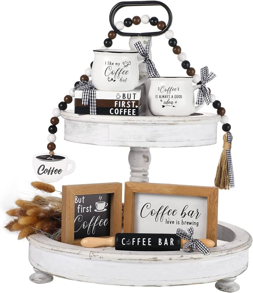 7 Pcs Coffee Tiered Tray Decor Set Mini Coffee Bar Decor Framed Coffee Wooden Sign Farmhouse Mini... | Amazon (US)