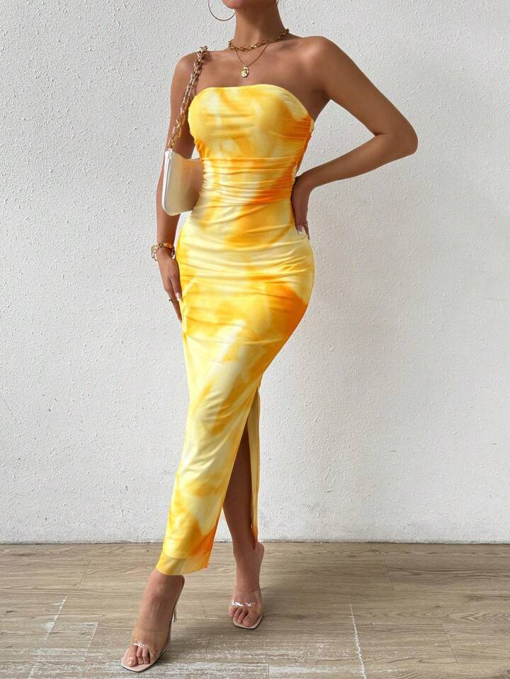 SHEIN Privé Women's Tie-Dye Strapless Dress With Side Slit | SHEIN