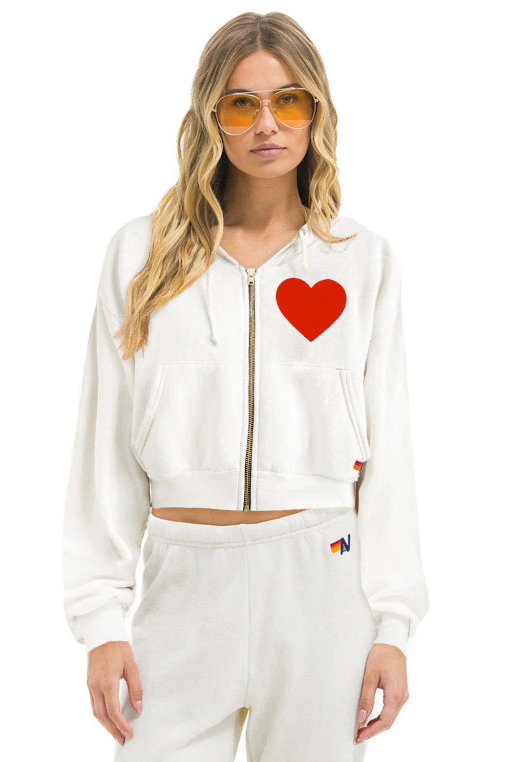 HEART STITCH RELAXED CROP ZIP HOODIE - WHITE | Aviator Nation