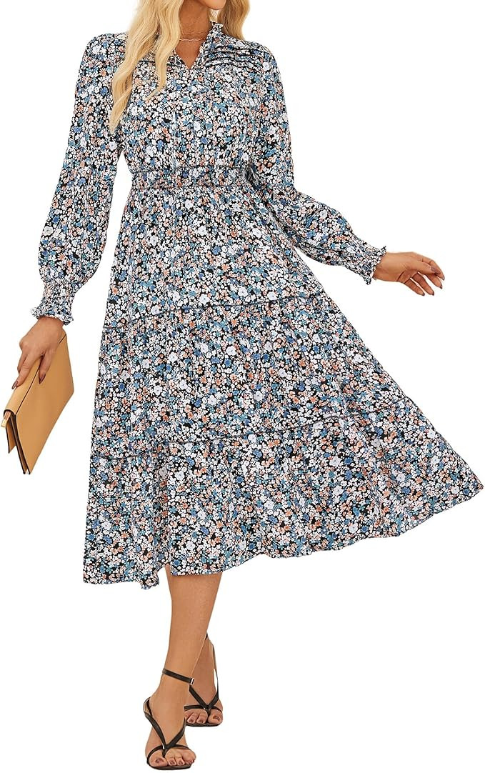 GRACE KARIN 2025 Women's Summer Floral Midi Dress Boho Long Sleeve V Neck Ruffle Casual A Line Fl... | Amazon (US)