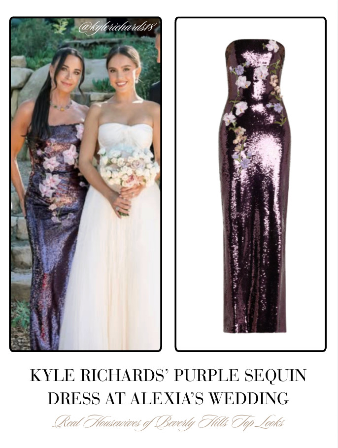 Kyle Richards' Purple Sequin Dress at Alexia's Wedding is by Monique Lhuillier // Shop Similar 📸= @kylerichards18 

 
