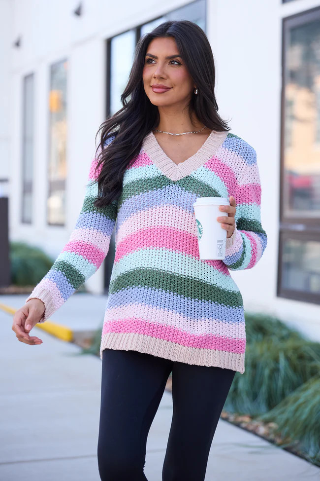 Georgie Multi Striped V-Neck Sweater | Pink Lily