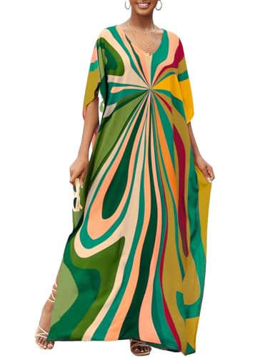 Bsubseach Kaftan Dresses for Women V Neck Batwing Sleeve Plus Size Caftans Swimwear Coverups Maxi Beach Dresses Green Apricot | Amazon (US)
