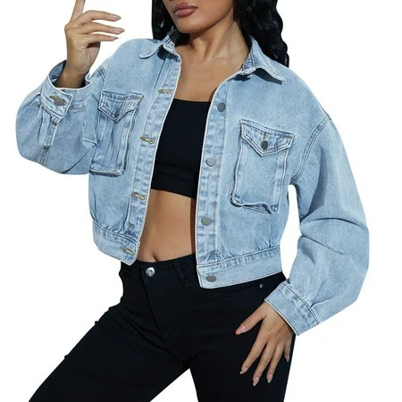 mveomtd Women Fashion Casual Flap Long Sleeve Single Drop Shoulder Flap Pocket Ripped Hem Denim Jack | Walmart (US)