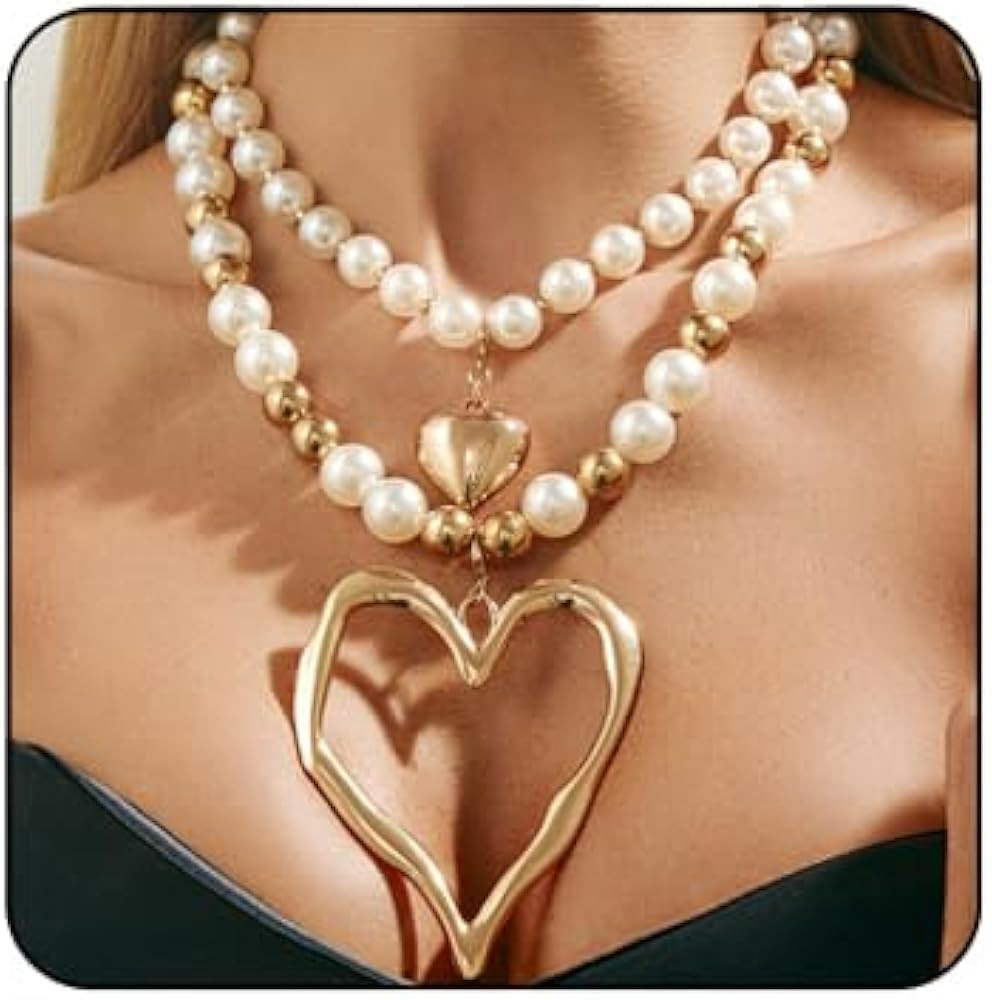 MIFYNN Chunky Gold Heart Necklace Y2k Large Heart Necklaces Exaggerated Layered Love Pendant Neck... | Amazon (US)