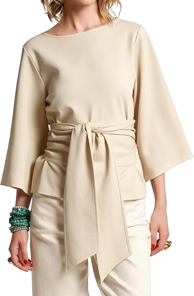 Women's Waist Belted Blouse Crew Neck 3/4 Trumpet Sleeve Casual Tunic Loose Fit Tops | Amazon (US)