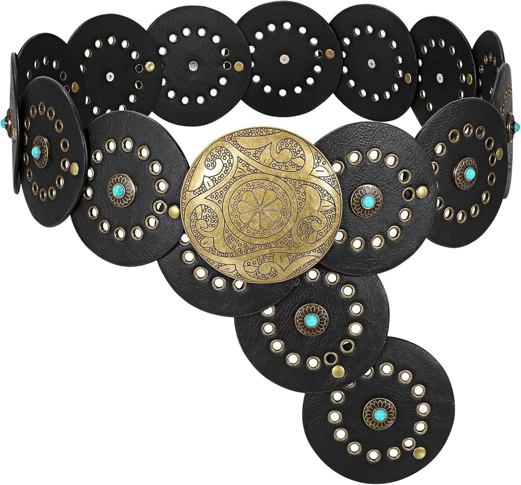 XZQTIVE Western PU Leather Belts for Woman Concho Cowgirl Cowboy Disc Belt for Ladies Wide Boho C... | Amazon (US)