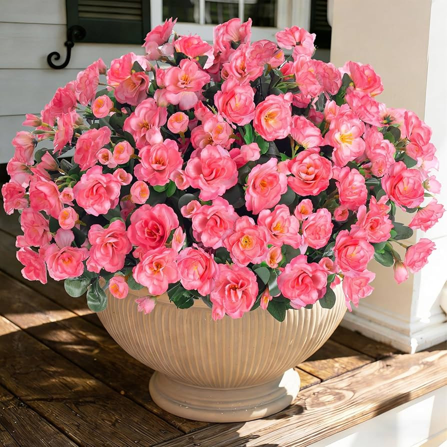 Artificial Faux Flowers Plants for Outdoor Outside Spring Decoration, Fake Silk Pink Camellia UV ... | Amazon (US)