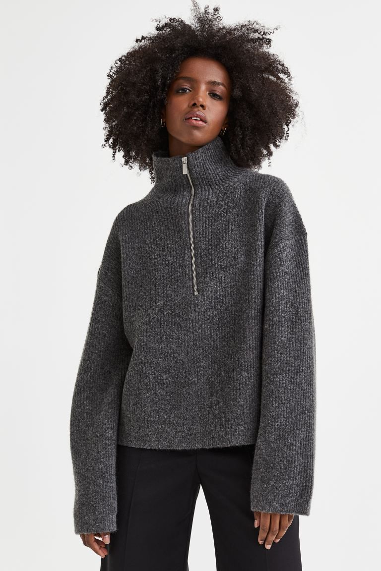 Rib-knit Half-zip Sweater - Dark gray melange - Ladies | H&M US | H&M (US + CA)