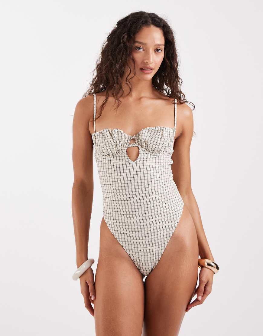 ASOS DESIGN Piper paper touch plaid ruched balconette swimsuit in plaid print-White | ASOS (Global)