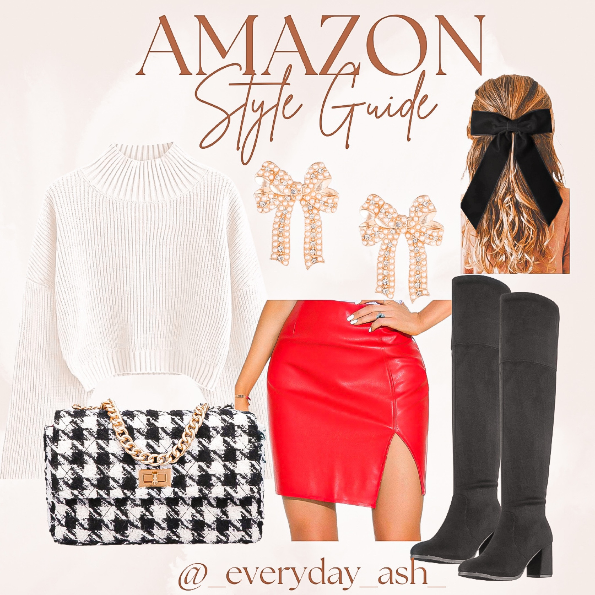 Holiday Outfit Idea 🎁❤️

This look is so cute for the holidays 
Wear it to 
• Christmas party 
• holiday card
• Date night & so much more! ❤️

Amazon style guide, Amazon outfit,  Christmas party, gift for her, white sweater, leather skirt, red skirt, women’s hair bow, hair accessories , white and black bag, knee high boots , bow earrings , winter outfit 

#LTKparties #LTKGiftGuide #LTKstyletip