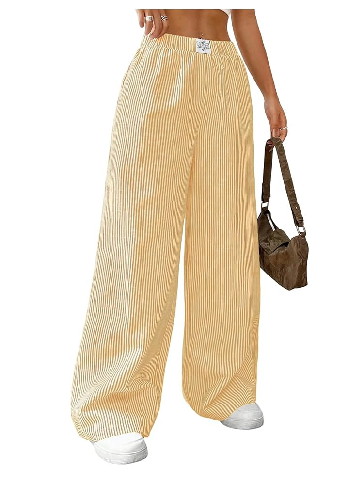 MakeMeChic Women's Striped Pants Elastic Waist Wide Leg Straight Summer Trousers | Amazon (US)