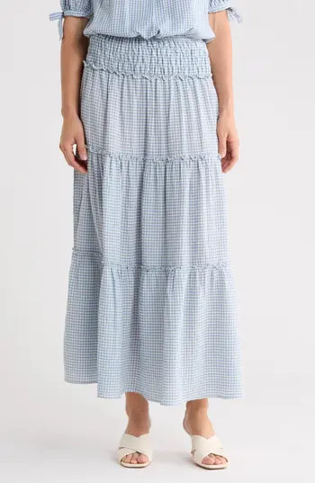 MAX STUDIO Gingham Tiered Skirt in Light Blue/Cream at Nordstrom Rack, Size X-Large | Nordstrom Rack