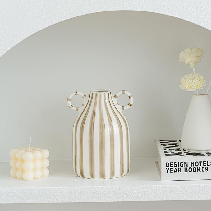 White and Brown Ceramic Vase, Mid Century Modern Striped Small Vases for Flower&Pampas Grass Cent... | Amazon (US)